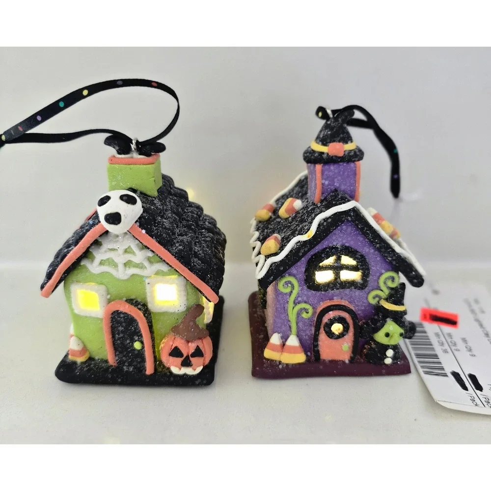 New Set of 2 Halloween Light Up Clay Dough House Ornaments‎  Witch Haunted House